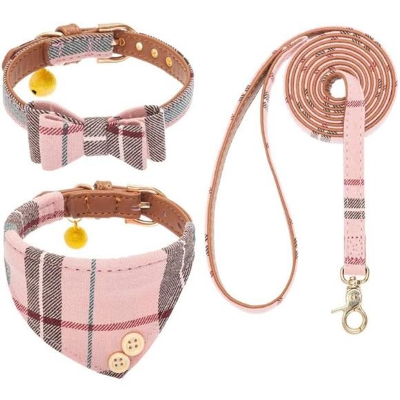 Bow Tie Dog Collar and Leash Set Classic Plaid - Picture 1 of 7